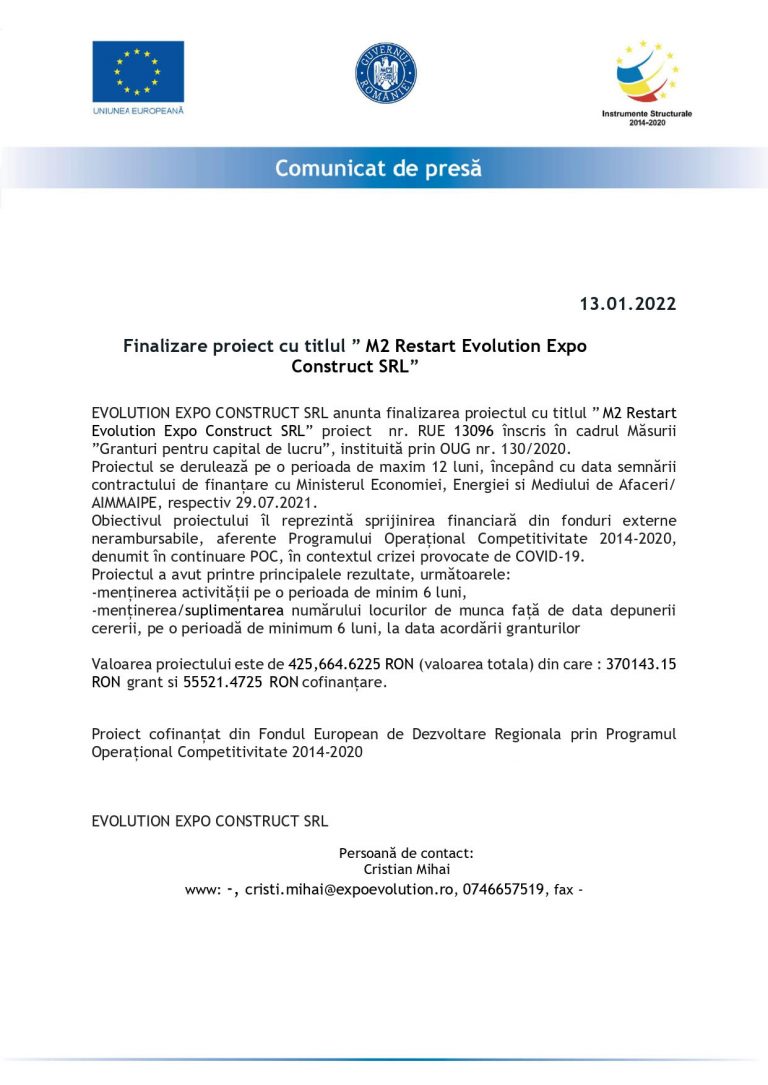 Finalizare proiect cu titlul ”M2 Restart Evolution Expo Construct SRL”