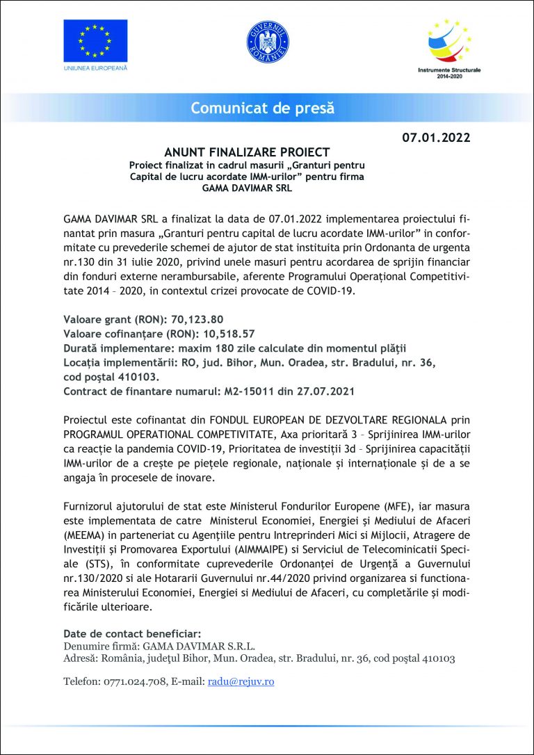 Comunicat de presă SC GAMA DAVIMAR SRL