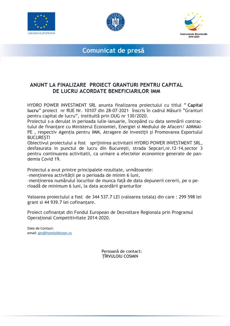Comunicat de presă HYDRO POWER INVESTMENT SRL