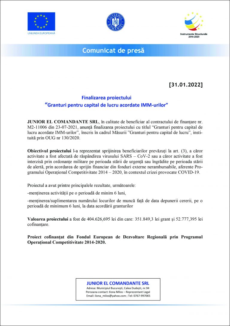 Comunicat de presă JUNIOR EL COMANDANTE SRL