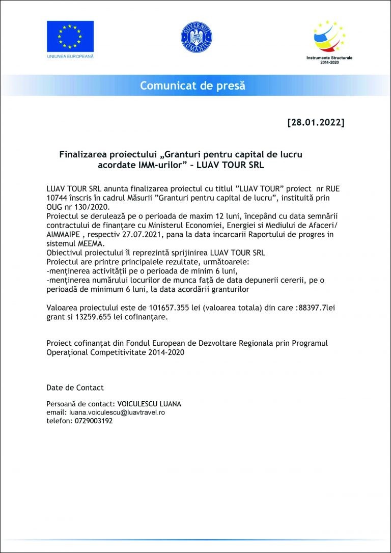 Comunicat de presă LUAV TOUR SRL