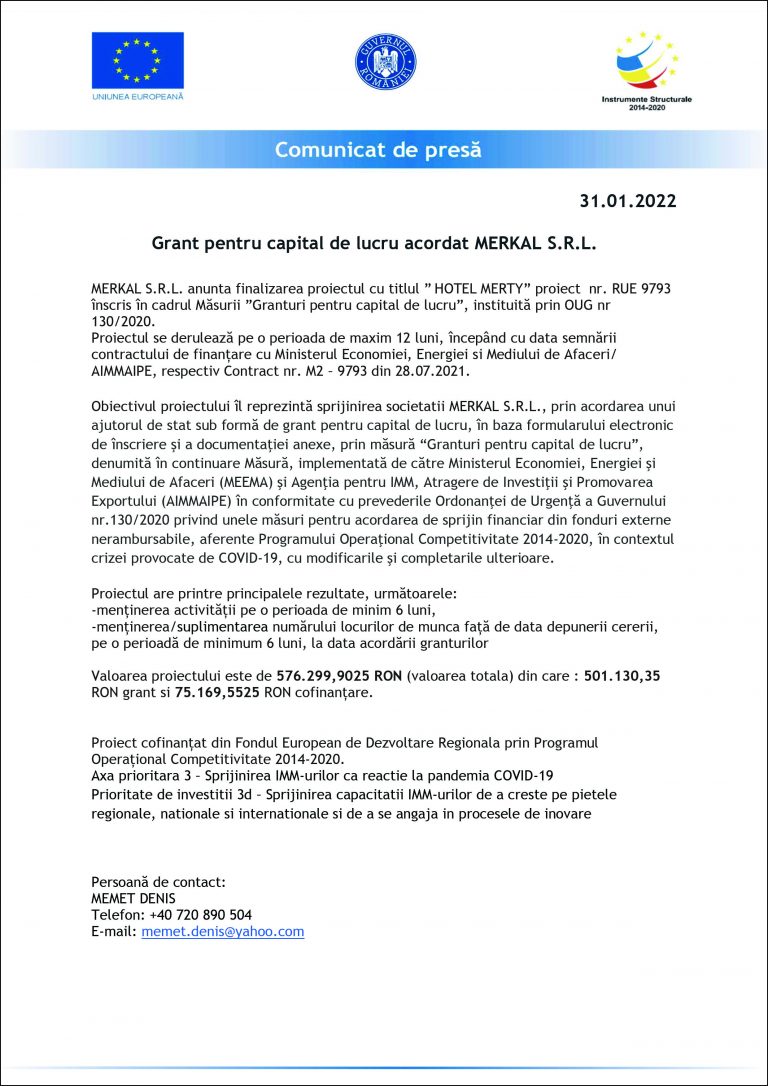 Comunicat de presă MERKAL S.R.L.