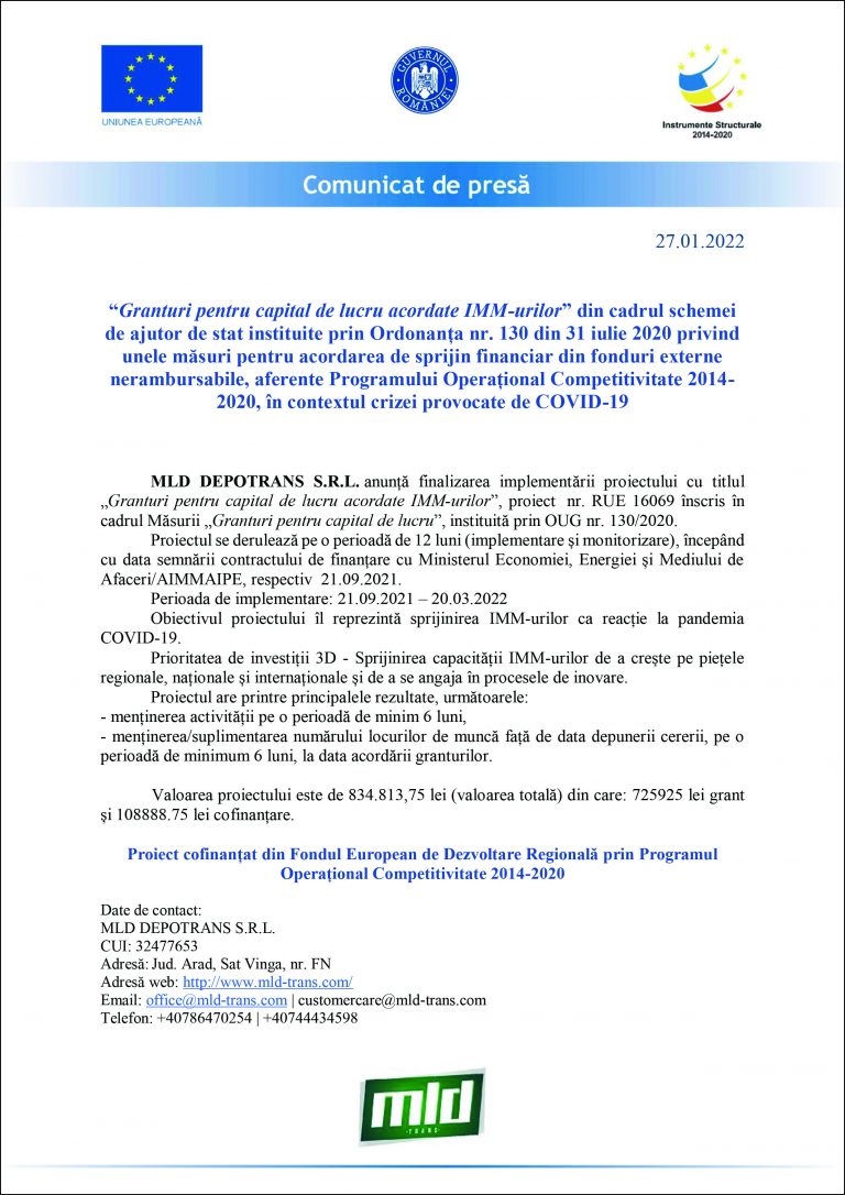 Comunicat de presă MLD DEPOTRANS S.R.L.