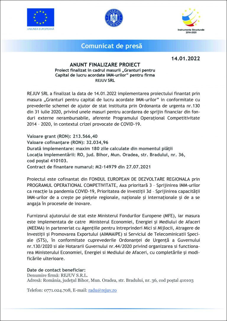 Comunicat de presă REJUV SRL
