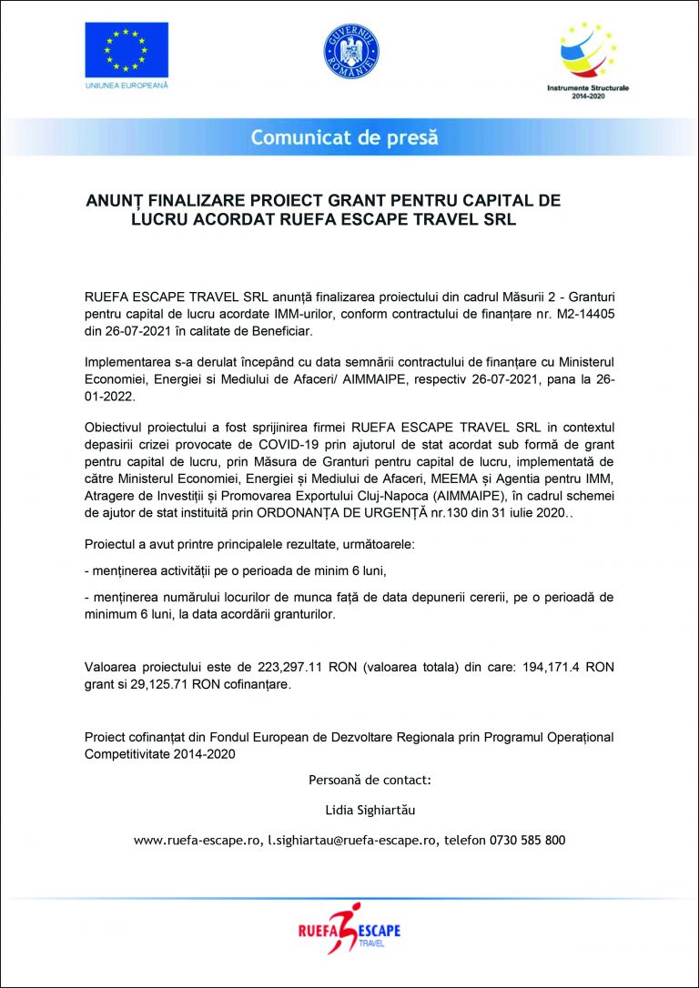 Comunicat de presă RUEFA ESCAPE TRAVEL SRL