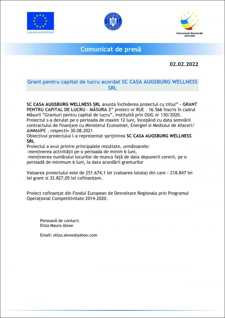 Comunicat de presă SC CASA AUGSBURG WELLNESS SRL