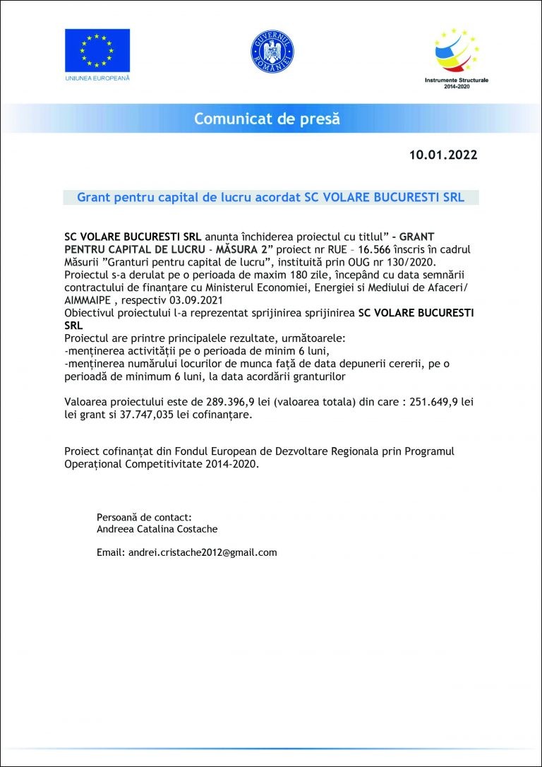 Comunicat de presă SC VOLARE BUCURESTI SRL