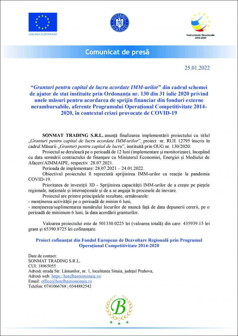Comunicat de presă SONMAT TRADING S.R.L.