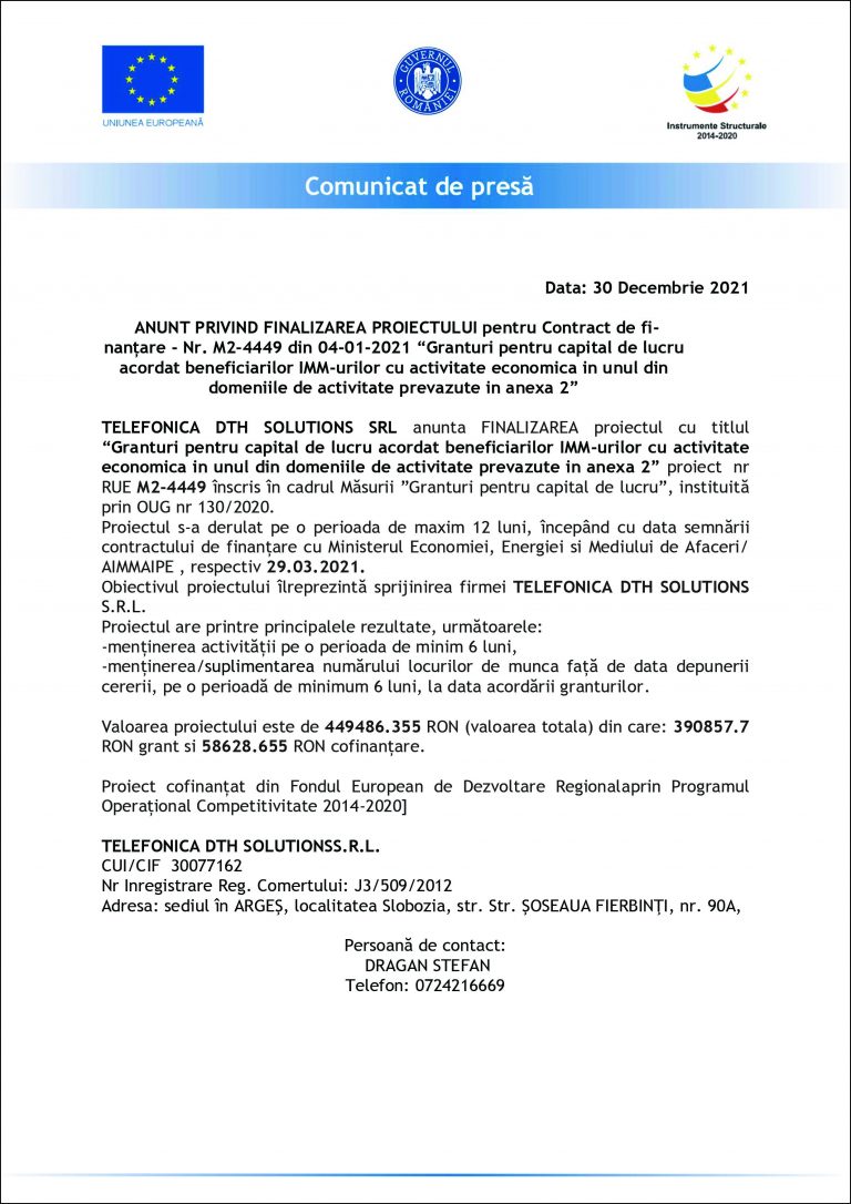Comunicat de presă TELEFONICA DTH SOLUTIONS SRL