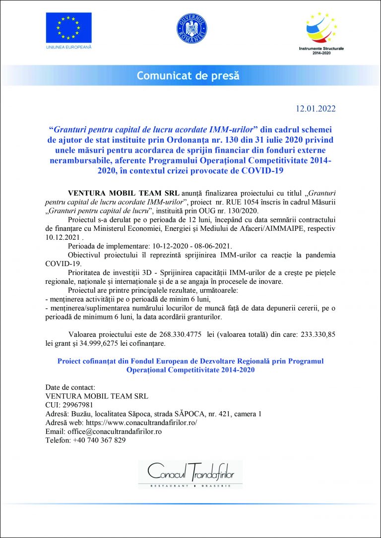 Comunicat de presă VENTURA MOBIL TEAM SRL
