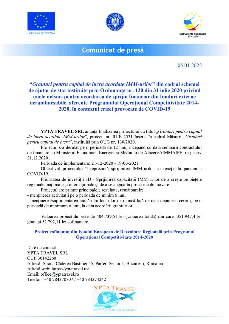 Comunicat de presă YPTA TRAVEL SRL