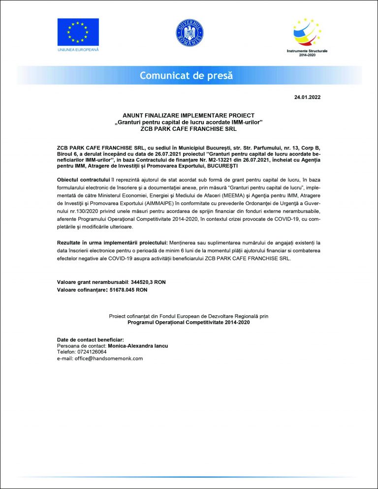 Comunicat de presă ZCB PARK CAFE FRANCHISE SRL