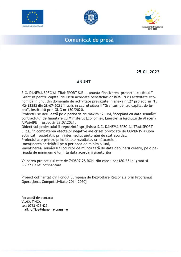 Comunicat de presă S.C. DANEMA SPECIAL TRANSPORT S.R.L.
