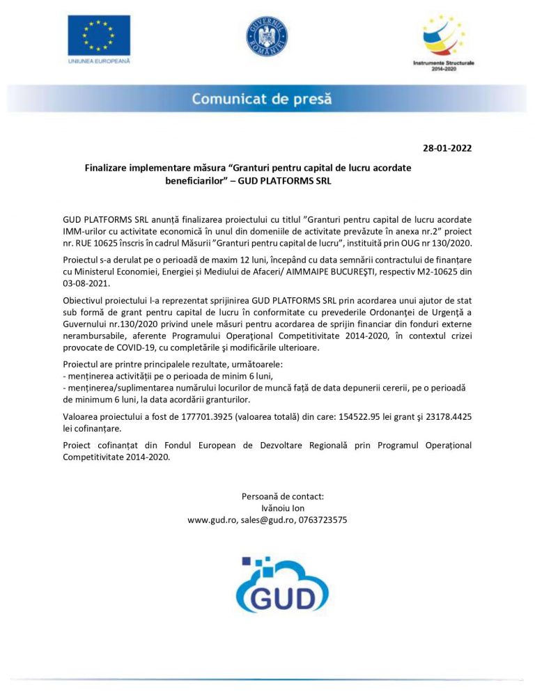 Comunicat de presă GUD PLATFORMS SRL