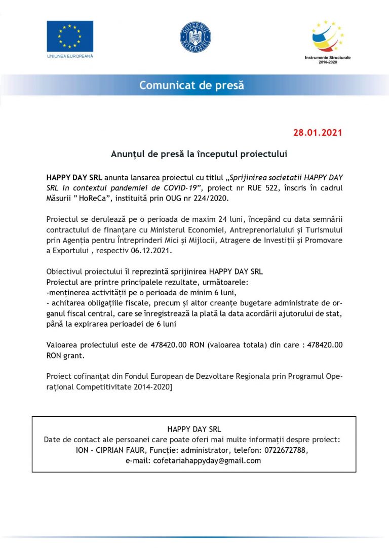 Comunicat de presă HAPPY DAY SRL