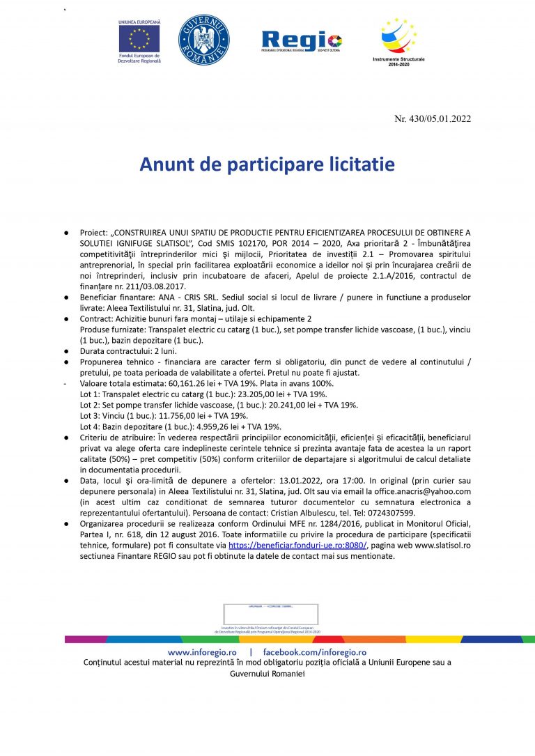Anunt de participare licitatie
