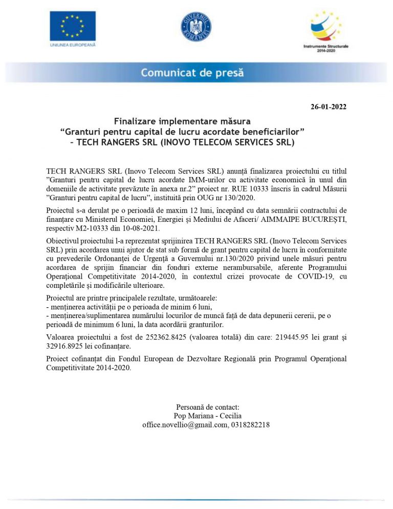Comunicat de presă TECH RANGERS SRL
