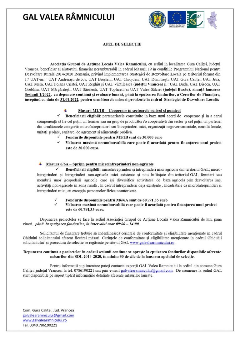 Apel de selectie Asociatia Grupul de Actiune Locala Valea Ramnicului