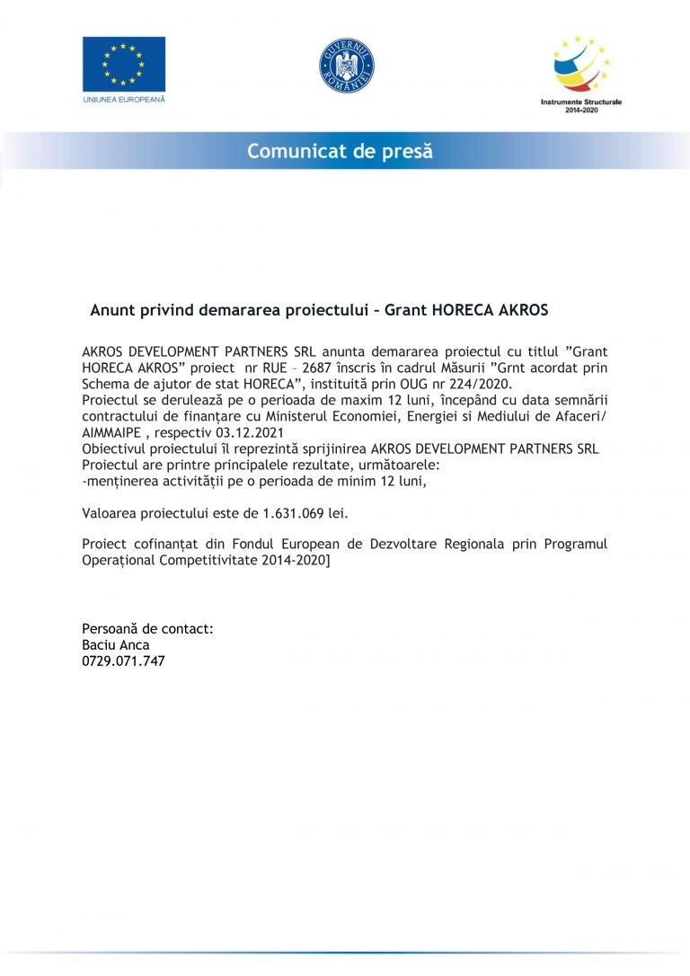 Comunicat de presă Akros Development Partners SRL
