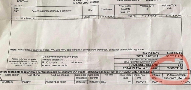 HALUCINANT! Factură la gaze de aproape 7 milioane euro pentru o pensionară din Vaslui!