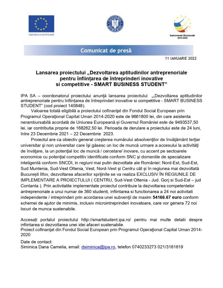 Lansarea proiectului „Dezvoltarea aptitudinilor antreprenoriale pentru înființarea de întreprinderi inovative si competitive – SMART BUSINESS STUDENT”