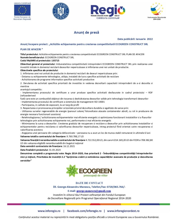Anunt de presa ECOGREEN CONSTRUCT SRL