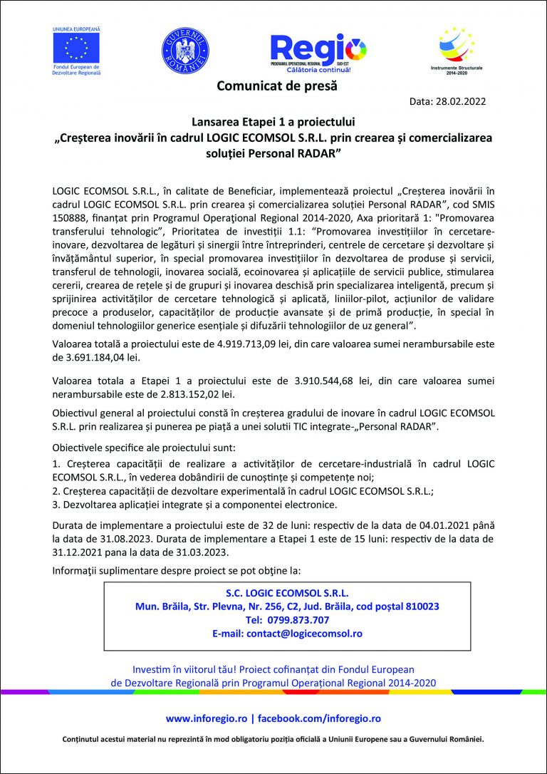 Comunicat de presa LOGIC ECOMSOL S.R.L.