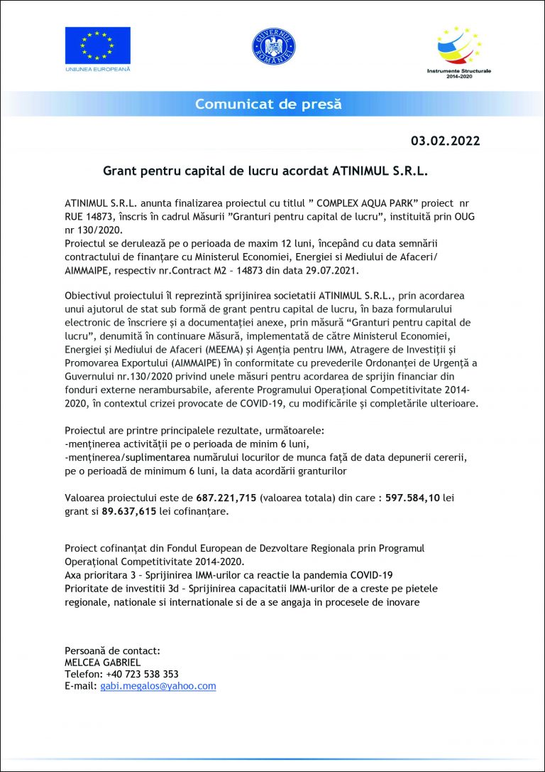 Comunicat de presă ATINIMUL SRL