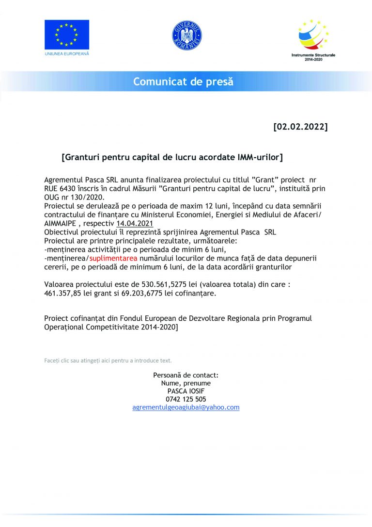 Comunicat de presa Agrementul Pasca SRL