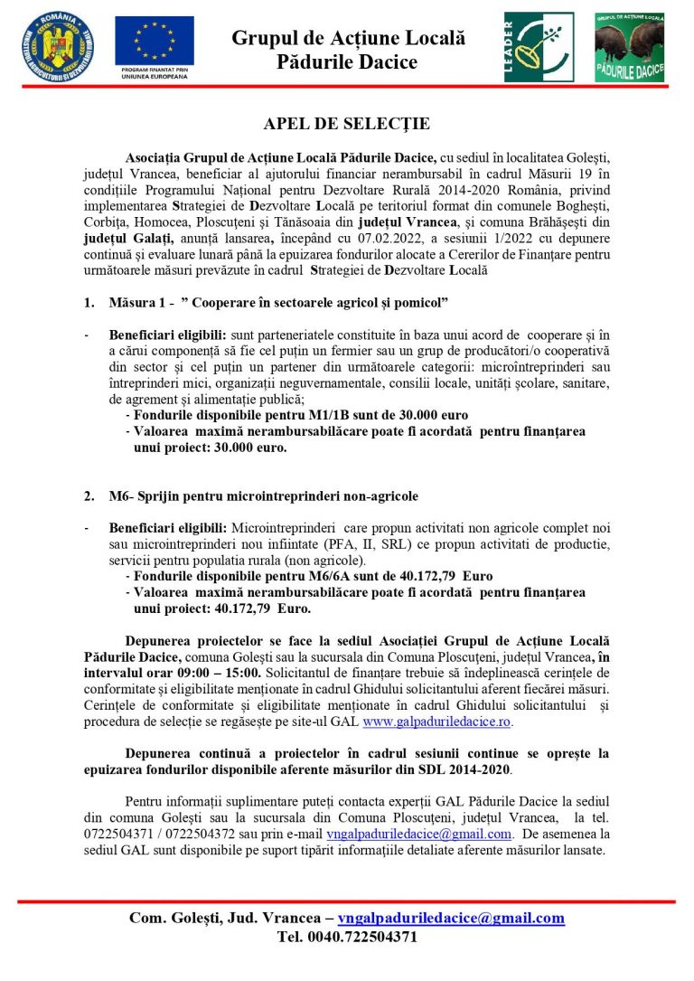 Apel de selectie Grupul de Actiune Locala Padurile Dacice