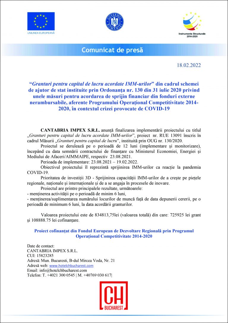 Comunicat de presă CANTABRIA IMPEX S.R.L.