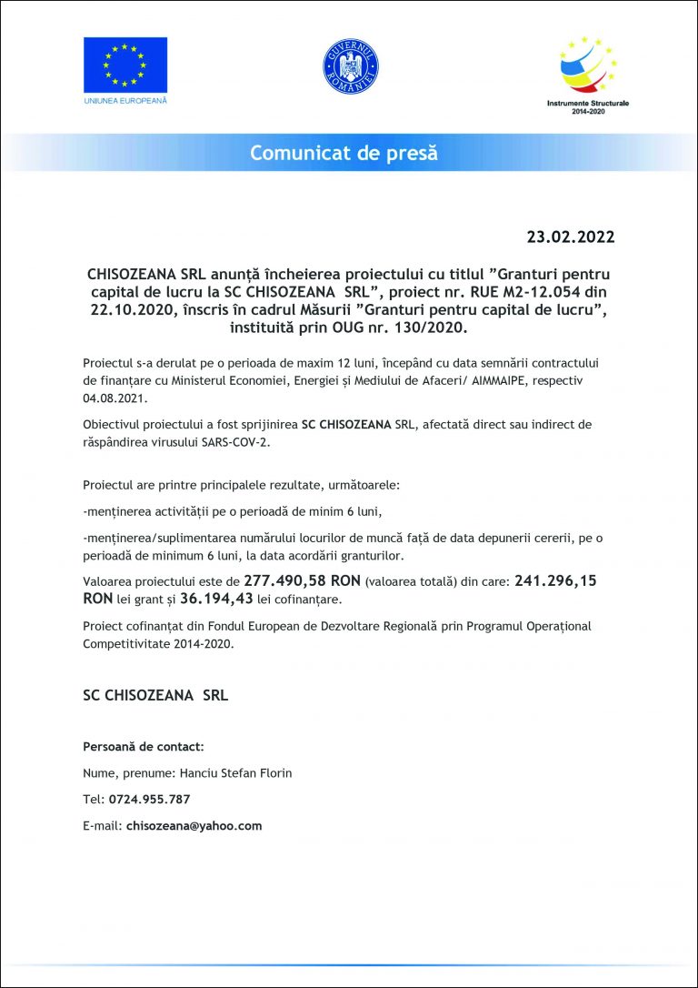 Comunicat de presă CHISOZEANA SRL