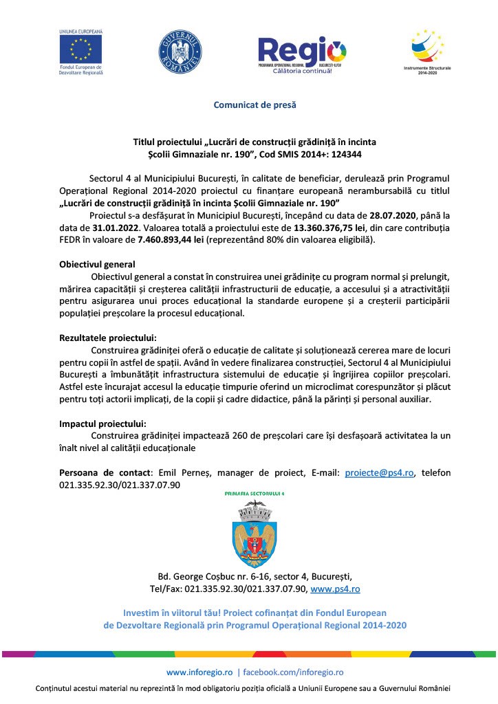Titlul proiectului „Lucrări de construcții grădiniță în incinta Școlii Gimnaziale nr. 190”, Cod SMIS 2014+: 124344