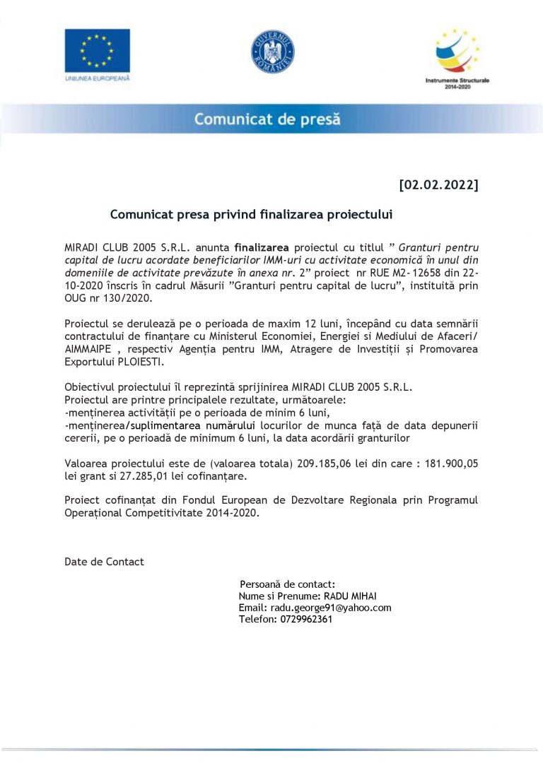 Comunicat de presă MIRADI CLUB 2005 S.R.L.