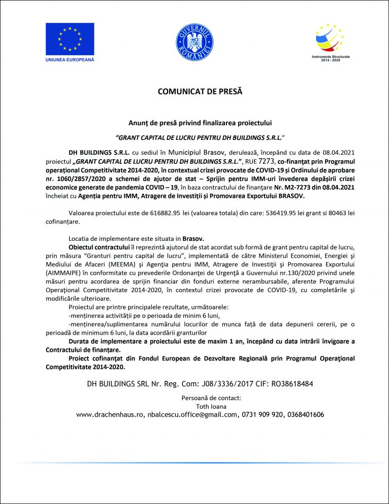 Comunicat de presă DH BUILDINGS S.R.L.