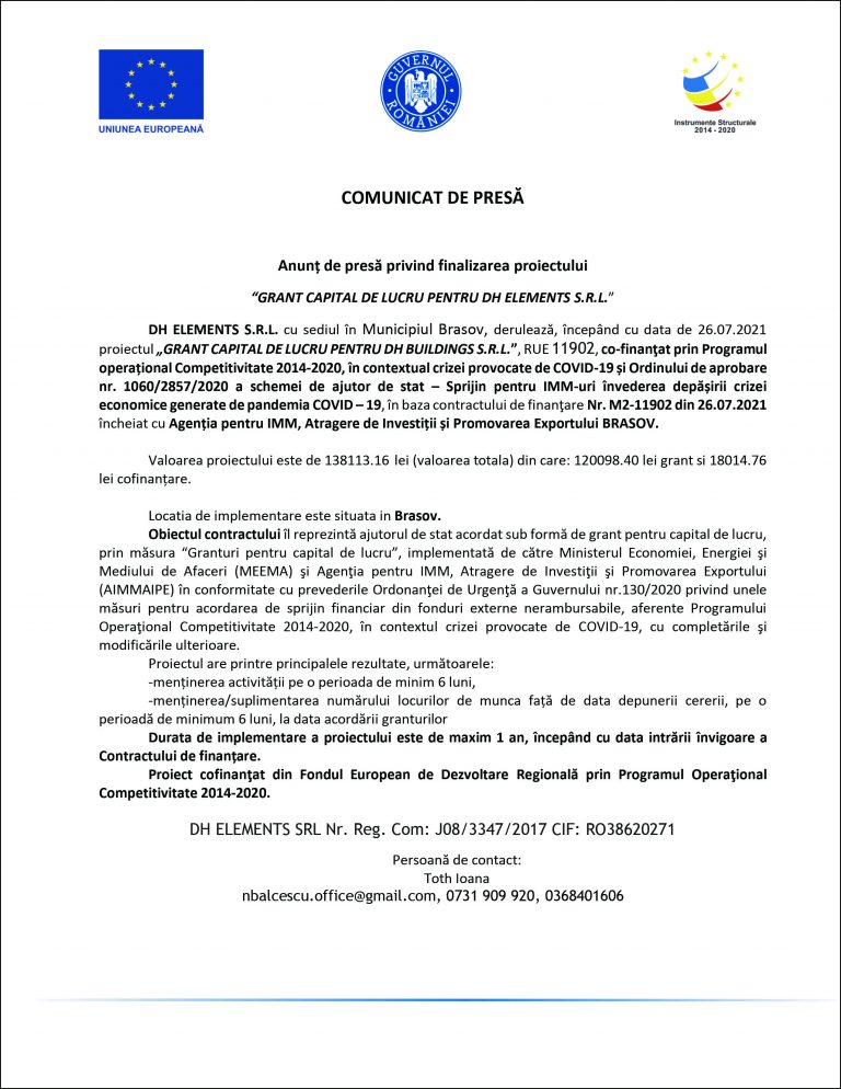 Comunicat de presă DH ELEMENTS S.R.L.