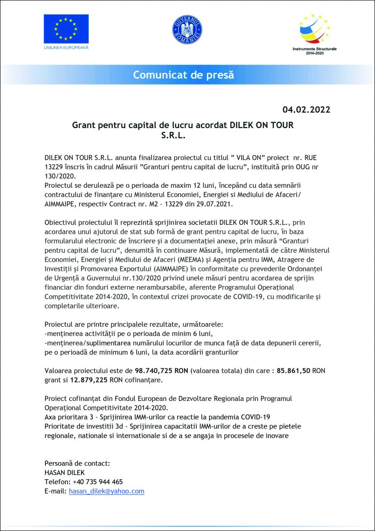 Comunicat de presă DILEK ON TOUR S.R.L.