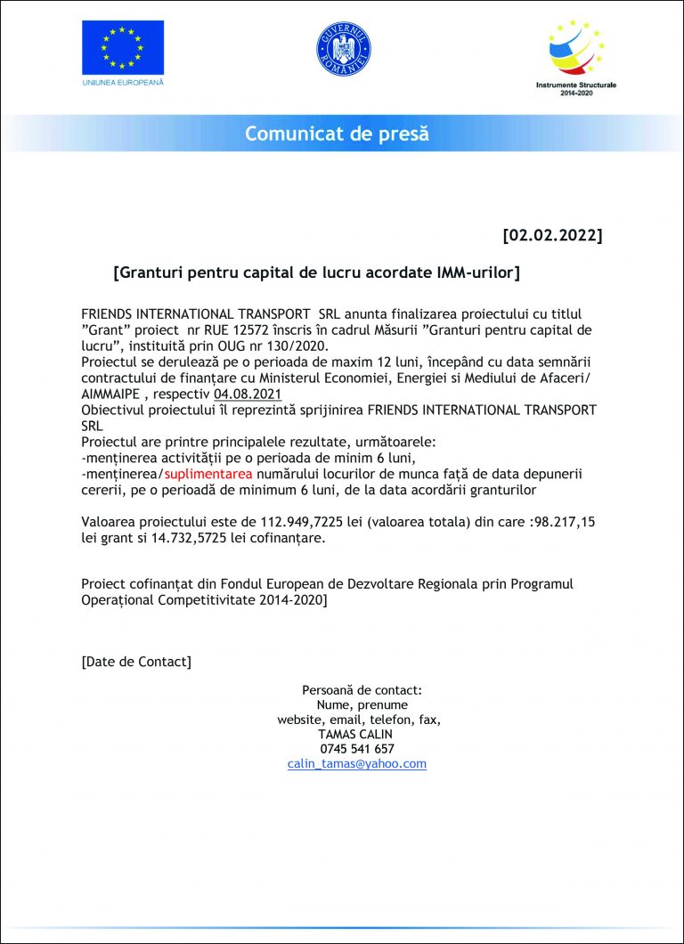 Comunicat de presa FRIENDS INTERNATIONAL TRANSPORT SRL