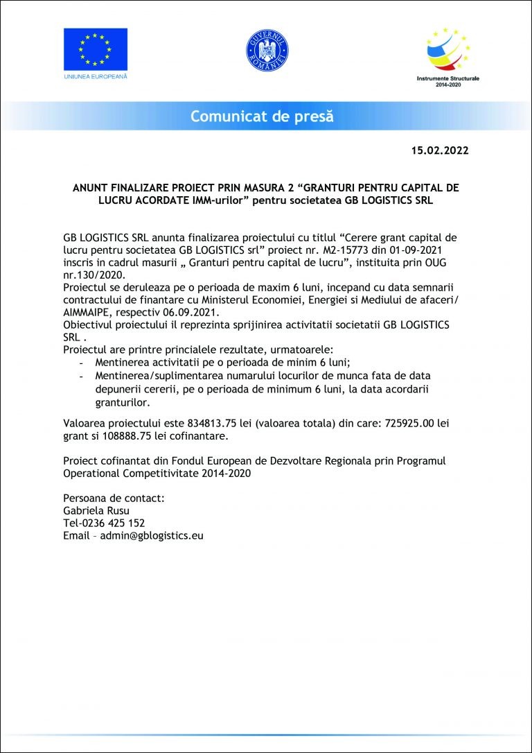 Comunicat de presă GB LOGISTICS SRL
