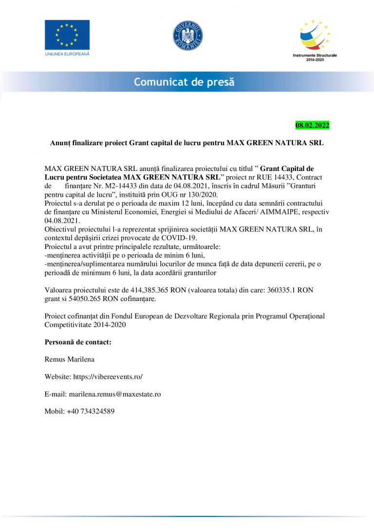 Comunicat de presă MAX GREEN NATURA SRL
