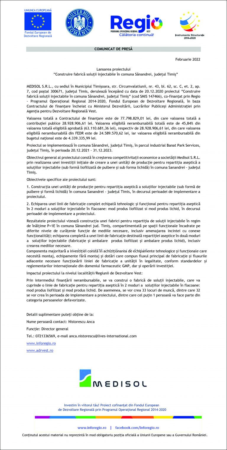 Comunicat de presă MEDISOL S.R.L.