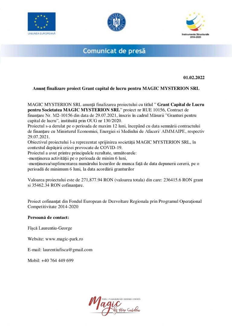 Comunicat de presă MAGIC MYSTERION S.R.L.
