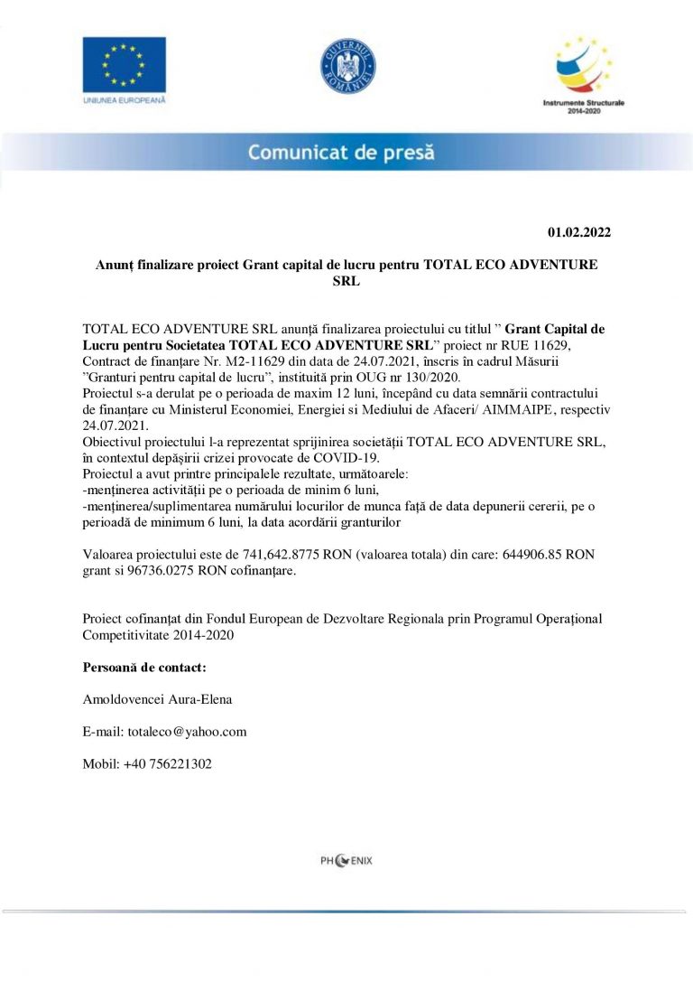 Comunicat de presă TOTAL ECO ADVENTURE S.R.L.