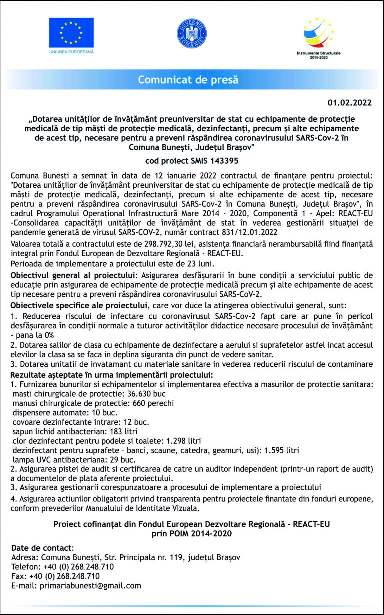 Comunicat de presă Comuna Bunești