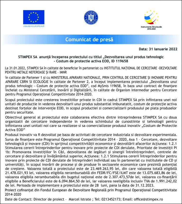 Comunicat de presă Institutul Național de Cercetare-Dezvoltare pentru Metale neferioase și rare – IMNR