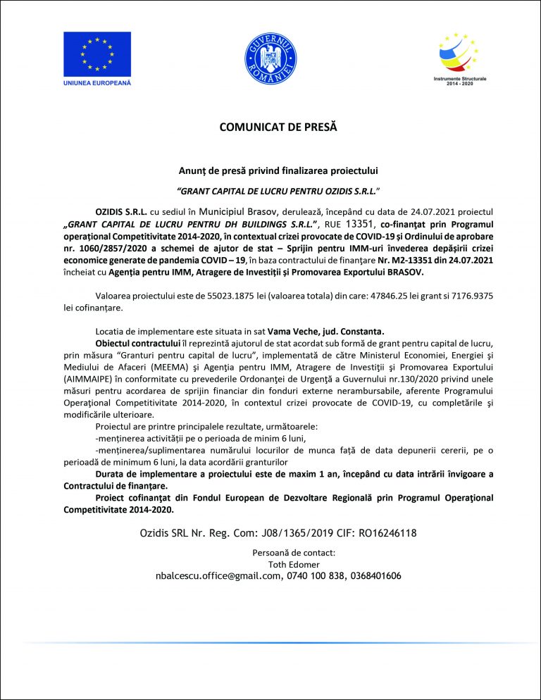 Comunicat de presă OZIDIS S.R.L.