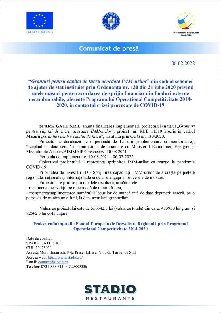 Comunicat de presă SPARK GATE S.R.L.