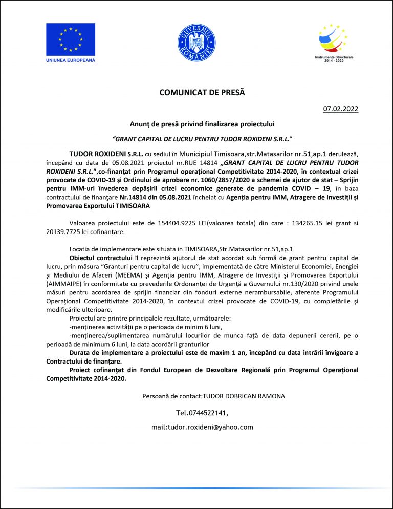 Comunicat de presă TUDOR ROXIDENI S.R.L.