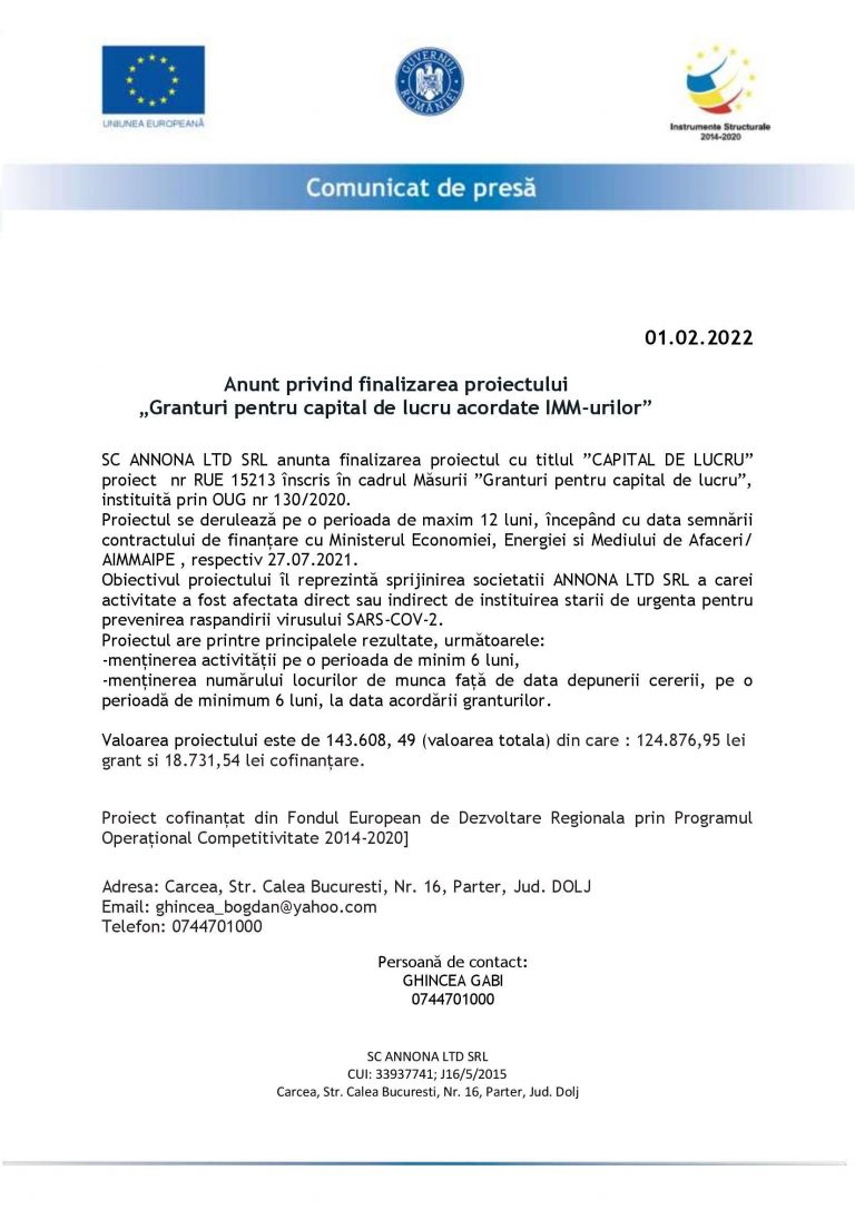 Comunicat de presă SC ANNONA LTD SRL