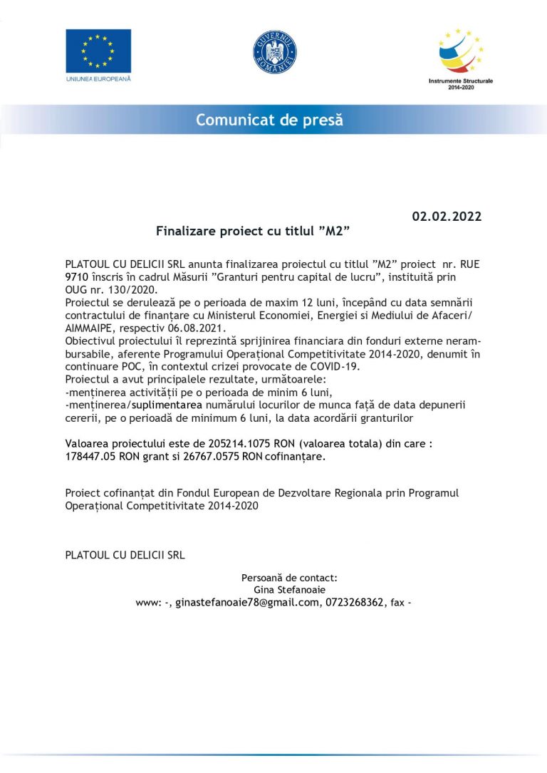 Comunicat de presă PLATOUL CU DELICII SRL